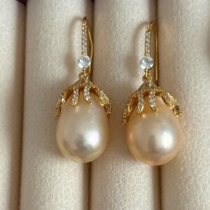Gold Pearl Drop Earrings with Crystal Accents 925s silver